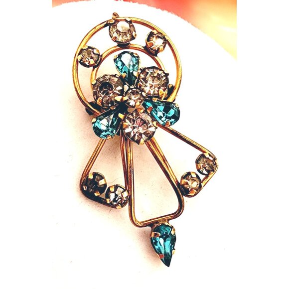Vintage Star Art 12K Gold Filled Brooch Pin Pendant Ice Blue & Clear Rhinestones - Picture 1 of 5